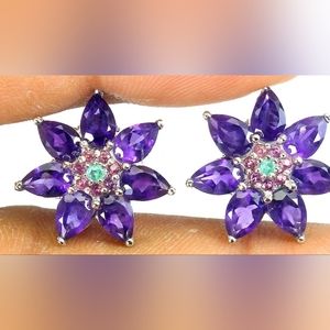 Pear amethyst/Emerald/Rhodolite Garnet 925 w 14kwgp post earrings NWOT